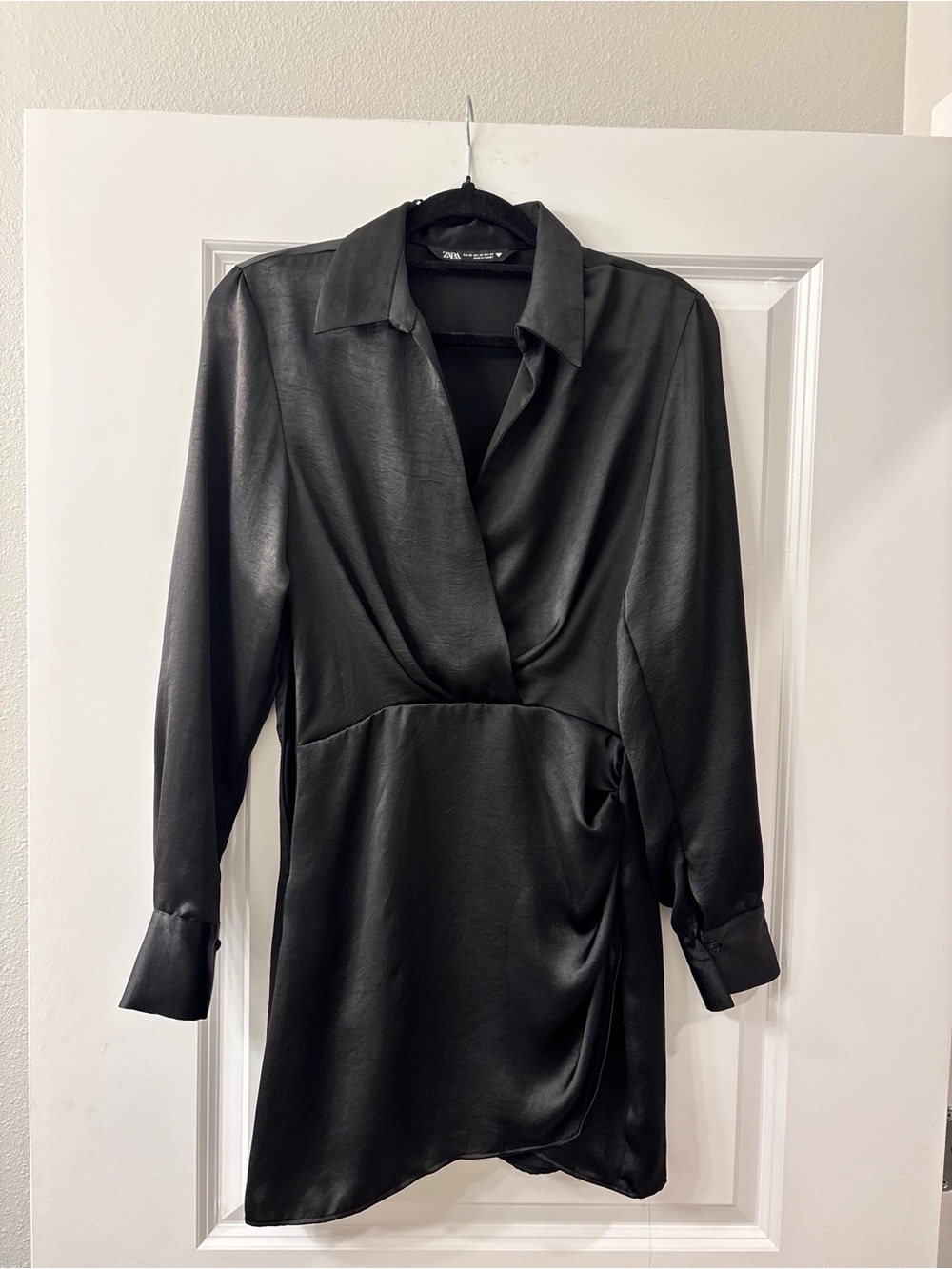 Zara Black Satin Long Sleeve Wrap Mini Dress